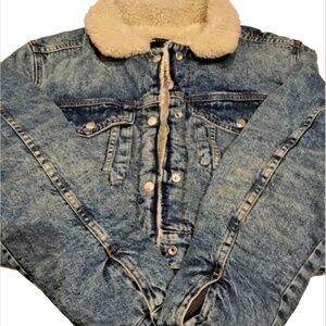 ASOS Denim Borg Sherpa Jacket Size 6 Midwash Blue Boho Western Hippie Festival